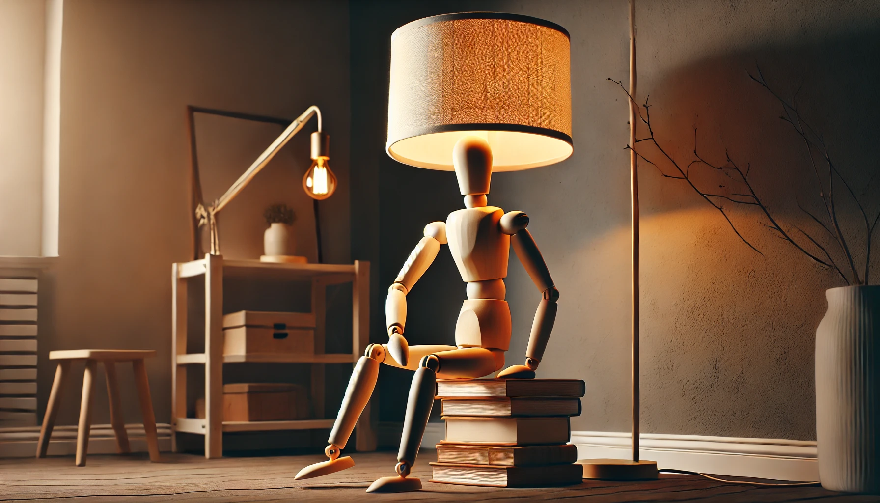 DALL·E 2025-01-16 18.16.51 - A creative table lamp in the shape of a wooden mannequin sitting on books, with a modern and cozy design. The lamp has a white lampshade and natural w